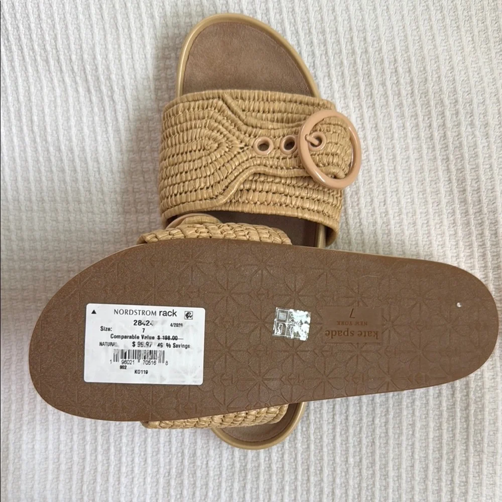 kate spade Tan Raffia Slide Sandals with Buckle Detail